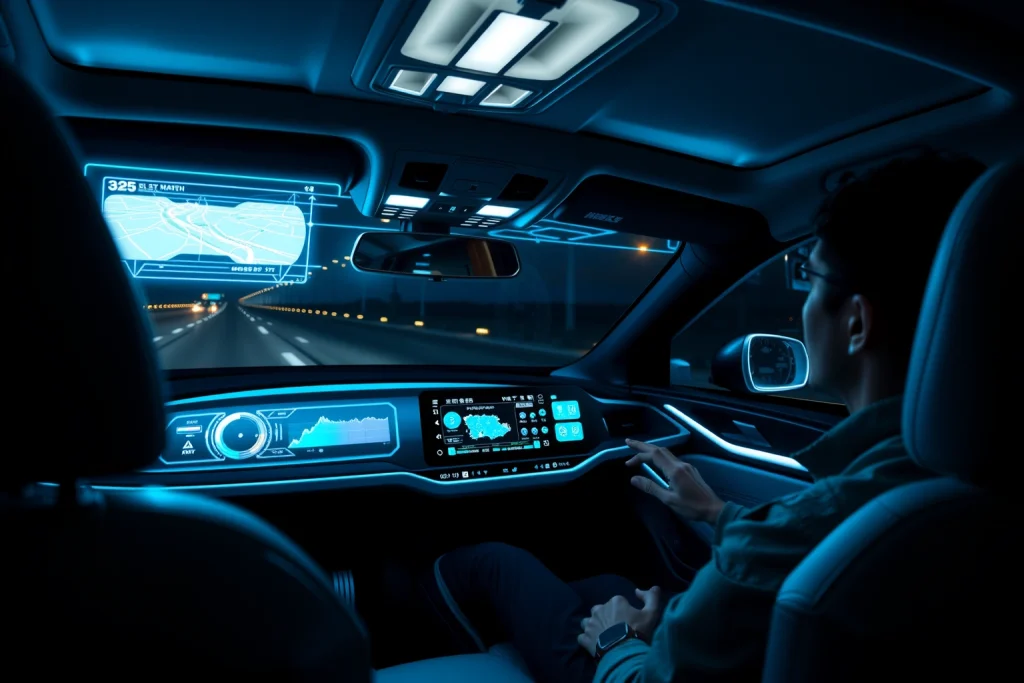 A futuristic car interior with holographic dashboard displays, augmented reality windshield showing navigation and traffic data, smart voice-controlled interface, ambient LED lighting, and a driver wearing AR glasses interacting with gesture-based controls, all set in a sleek, high-tech vehicle cabin at night with soft blue and cyan glows