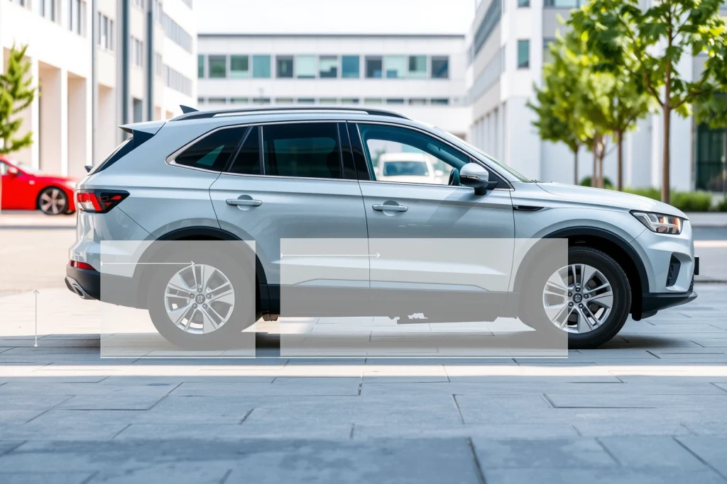 A modern car parked in a clean urban setting with a subtle size comparison overlay showing ideal dimensions for different vehicle types (compact, sedan, SUV) using minimalist icons and soft gradient lines, no text or numbers visible, focus on proportions and spatial harmony