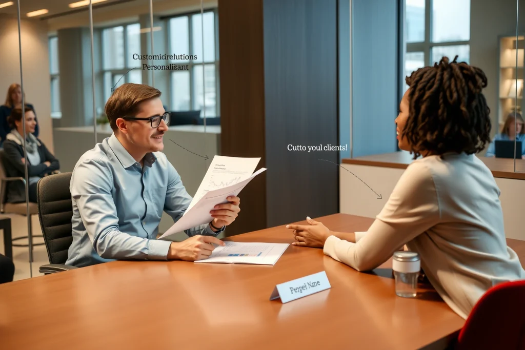 A professional consultant in a modern office setting, sitting across from a diverse client at a sleek desk, engaged in a thoughtful conversation, with subtle visual cues of personalization like a customized report, tailored charts, and a nameplate with the client's name, warm lighting, realistic details, focus on human connection and individualized service