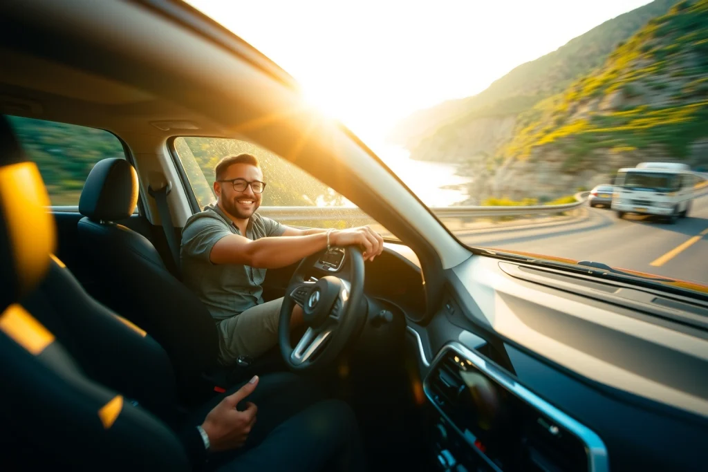 A joyful driver smiling while operating a modern car with sleek new wheels on a scenic coastal highway at golden hour, sunlight reflecting off the polished rims, motion blur suggesting speed, lush green hills and ocean visible in the background, dynamic composition emphasizing freedom and pleasure of driving