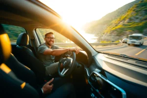 A joyful driver smiling while operating a modern car with sleek new wheels on a scenic coastal highway at golden hour, sunlight reflecting off the polished rims, motion blur suggesting speed, lush green hills and ocean visible in the background, dynamic composition emphasizing freedom and pleasure of driving