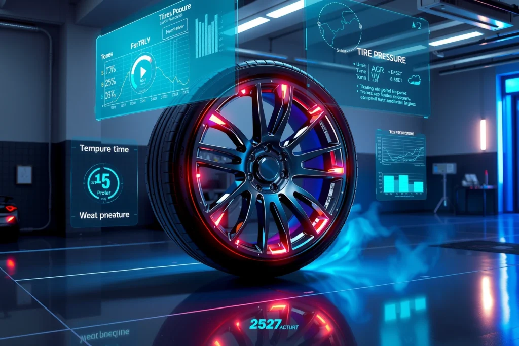 A futuristic wheel design with glowing neon patterns, floating above a sleek metallic surface in a high-tech garage, surrounded by holographic data streams showing tire pressure, temperature, and wear analytics, with soft ambient lighting and reflections on the floor