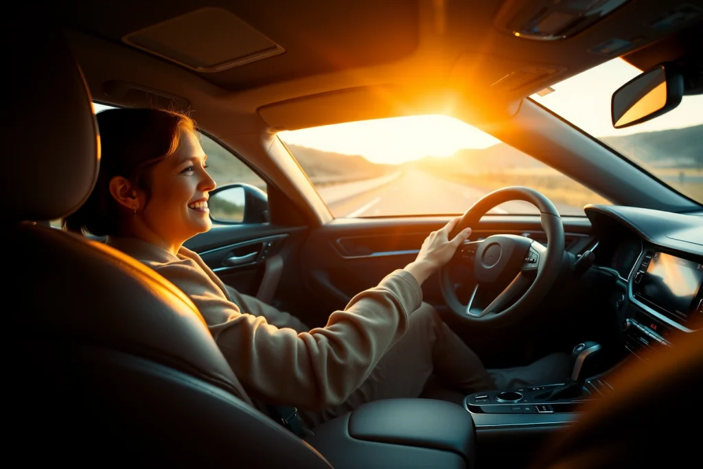A serene and luxurious car interior with soft ambient lighting, a driver smiling comfortably while holding the steering wheel, high-quality leather seats, quality materials like brushed aluminum and supple leather, a modern dashboard with subtle digital displays, a scenic highway visible through the windshield at golden hour, conveying a sense of peace, enjoyment, and refined driving pleasure