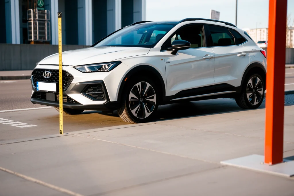 A modern car parked in a clean urban setting with a ruler or measuring tape beside it showing optimal dimensions, soft daylight, minimalist background, focus on vehicle proportions and fit for city driving