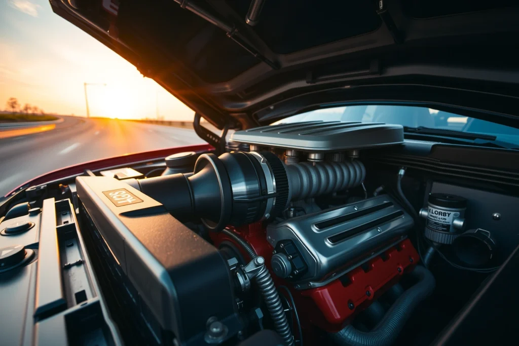 A high-performance car engine with visible turbocharger, racing stripes on the hood, and dynamic motion blur suggesting speed, set against a blurred highway background at sunset, emphasizing power and automotive enhancement
