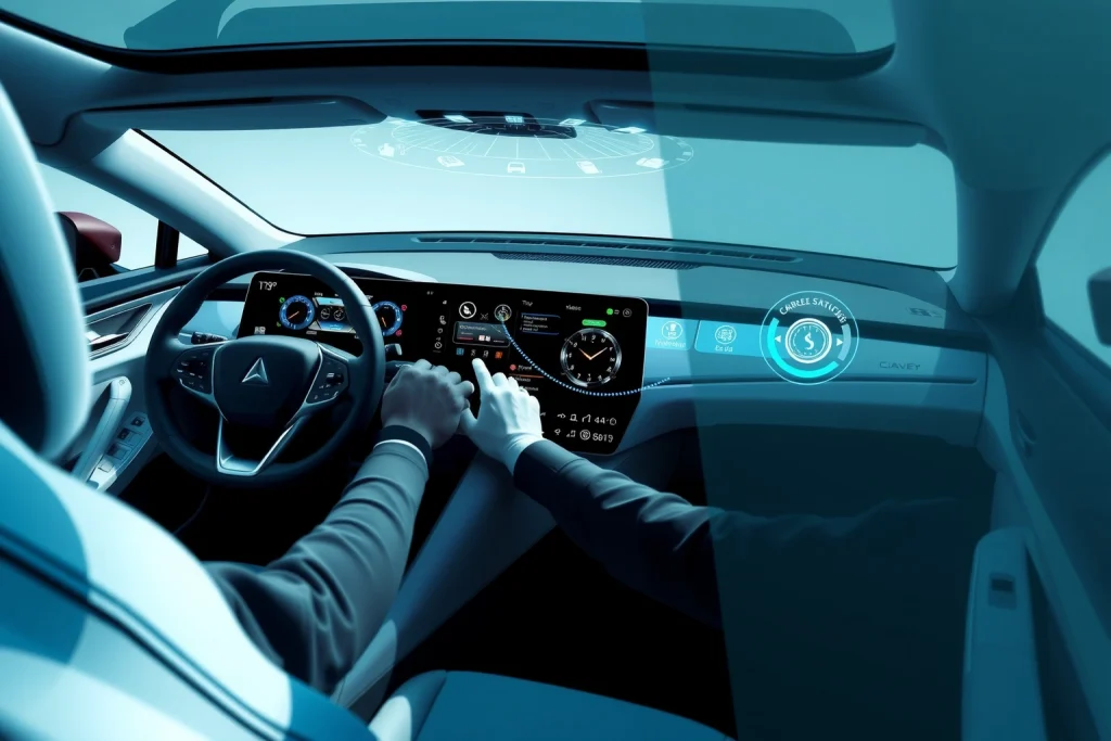 A sleek modern car interior showcasing advanced technology: a digital dashboard with holographic displays, smart connectivity interfaces, eco-friendly materials, and a driver interacting with the system, all rendered in a realistic, high-resolution style