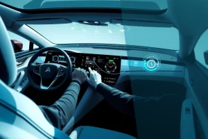 A sleek modern car interior showcasing advanced technology: a digital dashboard with holographic displays, smart connectivity interfaces, eco-friendly materials, and a driver interacting with the system, all rendered in a realistic, high-resolution style