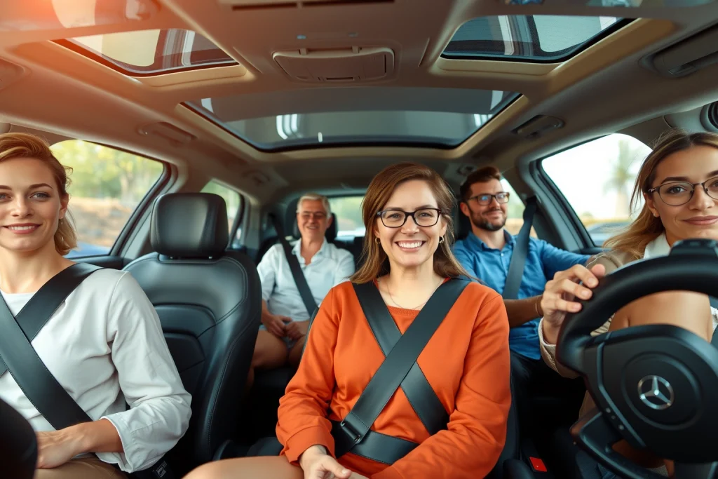 A diverse group of drivers of different ages, genders, and ethnicities sitting comfortably in modern car interiors, each with personalized ergonomic adjustments — adjustable seats, steering wheels, dashboards, and ambient lighting tailored to their needs; subtle UI elements showing adaptive driving aids, all set in a sleek, futuristic yet realistic automotive environment with soft natural light filtering through windshields
