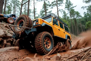 A rugged off-road vehicle navigating through extreme terrain — deep mud, steep rocky inclines, and dense forest obstacles — with visible tire traction, splashing mud, and dust clouds, emphasizing maximum mobility and capability in harsh conditions