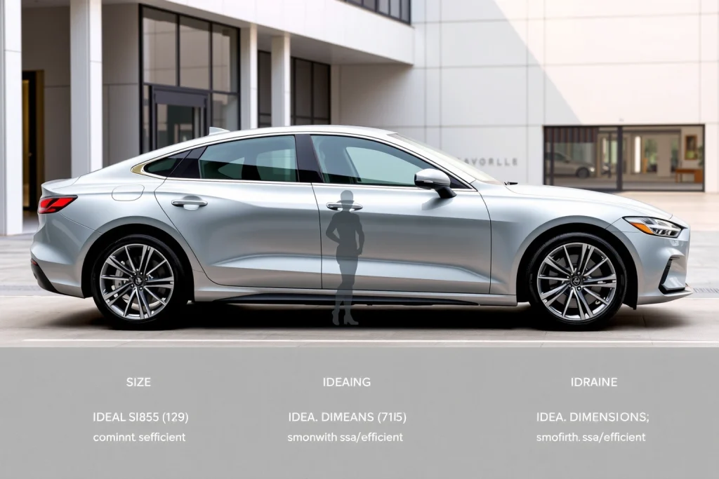 A modern car parked in a clean urban setting with a subtle size comparison overlay showing ideal dimensions for comfort and efficiency, featuring a human figure standing beside the vehicle for scale, soft natural lighting, minimalistic design, no text or numbers visible
