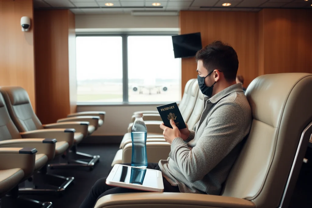 A modern traveler in a comfortable and safe environment: a person sitting in a well-lit, clean airport lounge with ergonomic seating, holding a passport and a reusable water bottle, surrounded by subtle security elements like discreet surveillance cameras and a digital boarding pass on a tablet, soft natural light from large windows showing a calm runway, warm neutral tones, sense of calm and preparedness