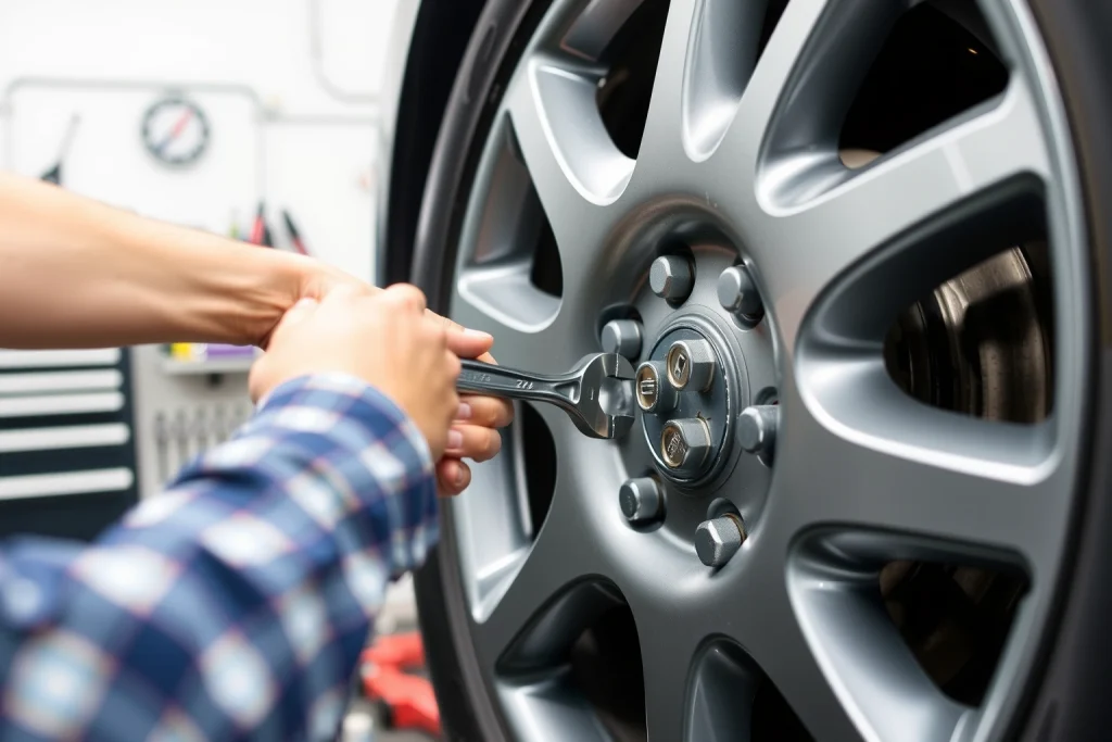 A person easily installing car wheels with a wrench, showing simple and quick wheel mounting process, clean garage background, tools neatly arranged, focus on hands tightening lug nuts, realistic lighting, no text or symbols
