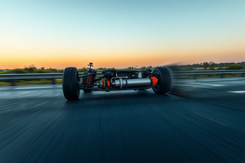 A modern car driving smoothly on a wet highway at dusk, with visible suspension components absorbing road imperfections, motion blur on wheels to convey stability, soft reflections on the asphalt, and a clear view of the vehicle's chassis and tires maintaining firm contact with the road — emphasizing enhanced handling and shock absorption