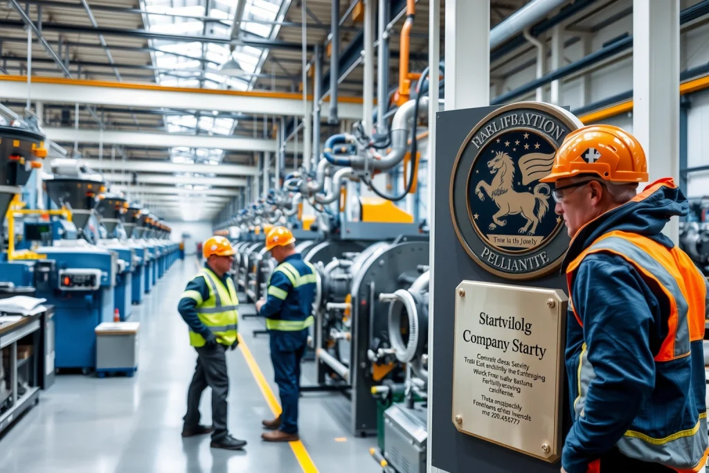 A professional industrial setting showing a modern manufacturing facility with clean assembly lines, engineers in safety gear inspecting high-quality machinery, and a visible company logo on a plaque emphasizing stability and reliability. The atmosphere is bright, organized, and technologically advanced, conveying trust and durability.