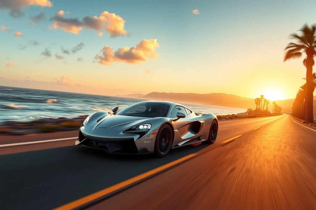 A dynamic scene of a modern sports car driving along a scenic coastal highway at sunset, with palm trees lining the road, ocean waves crashing in the background, and a sense of speed and freedom — no text, logos, or license plates visible