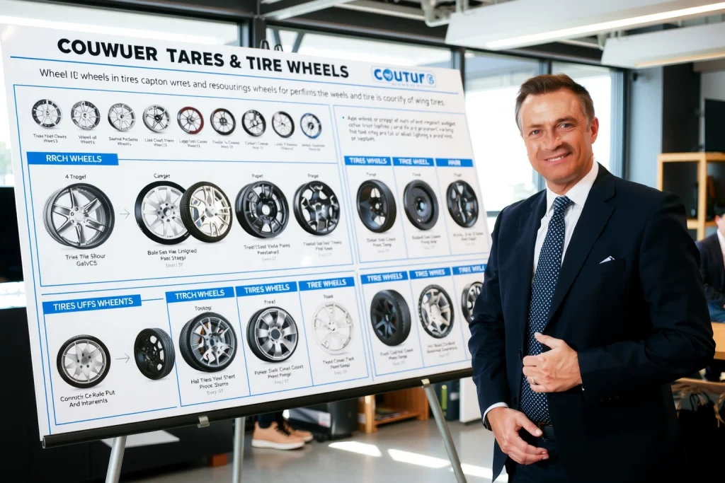 A professional consultant in a business suit standing beside a large display board showing various types of vehicle wheels and tires, with clear diagrams and labels, in a modern office setting with natural light, conveying expertise and helpful guidance