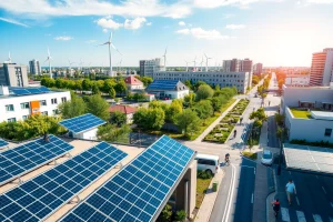 A modern eco-friendly cityscape with solar panels on rooftops, electric vehicles charging at stations, wind turbines in the background, cyclists on dedicated lanes, and lush green spaces integrated between buildings, all under a clear blue sky with soft sunlight