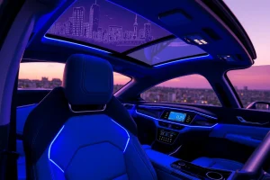 A modern, stylish car interior with sleek leather seats, ambient LED lighting in blue and purple tones, a minimalist digital dashboard, and a panoramic sunroof showing a cityscape at dusk, reflecting luxury and contemporary automotive design