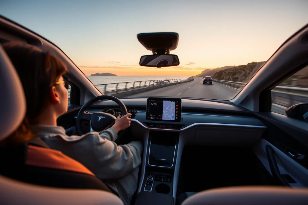 A modern driver confidently operating a sleek electric vehicle on a scenic coastal highway at sunset, with hands on the steering wheel, focused expression, dashboard displaying real-time efficiency metrics, and the car smoothly navigating a gentle curve with motion blur to convey speed and control