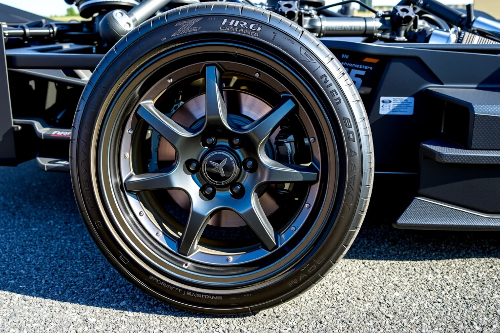A close-up of high-performance car wheels with wide, low-profile tires and lightweight alloy rims, mounted on a sports car chassis, showing detailed tread patterns and brake calipers, set on a smooth asphalt road under natural daylight, emphasizing grip and handling dynamics