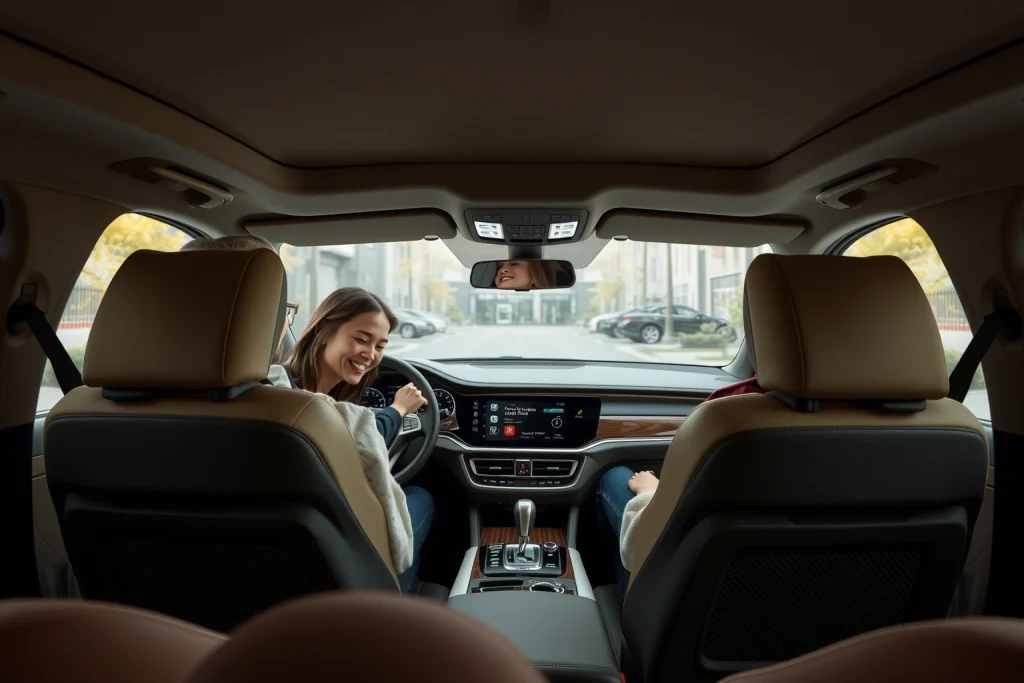 A modern, comfortable car interior with a focus on ergonomic seating, soft ambient lighting, and a sleek dashboard featuring the koleso-bestune logo subtly integrated into the steering wheel or center console. The scene conveys relaxation and premium comfort, with a driver and passenger smiling gently, wearing casual clothing, in a quiet urban or suburban setting visible through the windows. Warm, natural tones dominate — beige, soft gray, and warm wood accents — enhancing the feeling of luxury