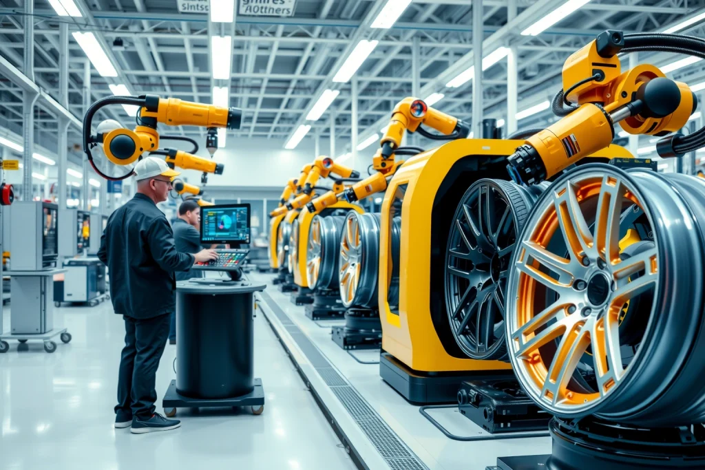 A modern automotive wheel manufacturing facility with advanced robotic arms assembling carbon fiber and alloy wheels, precision CNC machines shaping rims, automated quality control systems using laser scanners and AI vision, engineers monitoring digital dashboards, and a sleek futuristic production line with glowing indicators and clean industrial design