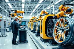 A modern automotive wheel manufacturing facility with advanced robotic arms assembling carbon fiber and alloy wheels, precision CNC machines shaping rims, automated quality control systems using laser scanners and AI vision, engineers monitoring digital dashboards, and a sleek futuristic production line with glowing indicators and clean industrial design