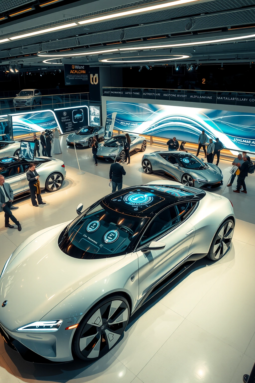 A futuristic car showroom displaying advanced technological innovations and stylish automotive trends, featuring sleek electric vehicles with holographic interfaces, aerodynamic designs, and modern aesthetics, with people interacting with the cars in a high-tech environment