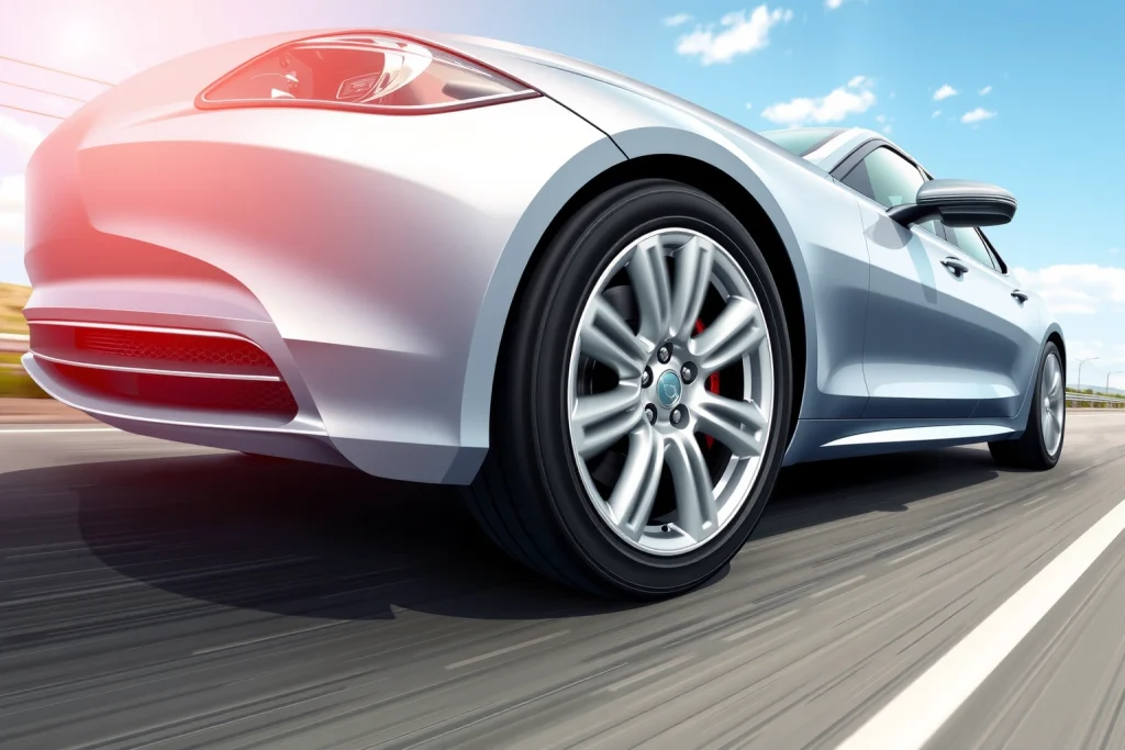 A high-quality illustration of premium car wheels designed for long-distance travel, featuring sleek alloy rims with aerodynamic design, mounted on a luxury sedan driving on a smooth highway under a clear sky, with subtle motion blur to convey speed and endurance, detailed tire treads optimized for fuel efficiency and comfort, no text or logos visible