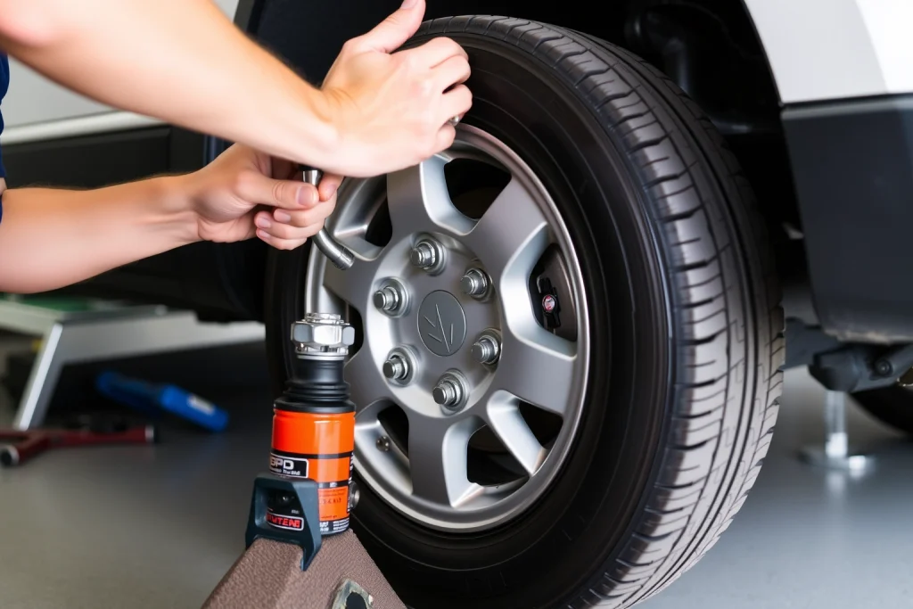 A simple and easy wheel installation process showing a person using basic tools to mount a car wheel onto a hub, with clear focus on hands tightening lug nuts, a jack lifting the vehicle slightly, and the wheel aligned properly, all in a clean garage setting with soft natural lighting