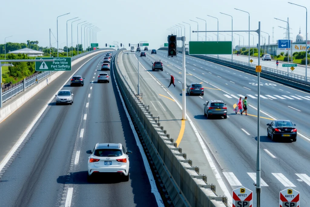 A modern highway with clear road markings, traffic lights, pedestrian crossings, and safety barriers, showing diverse drivers and pedestrians following traffic rules, under bright daylight with good visibility, emphasizing road safety infrastructure and responsible behavior