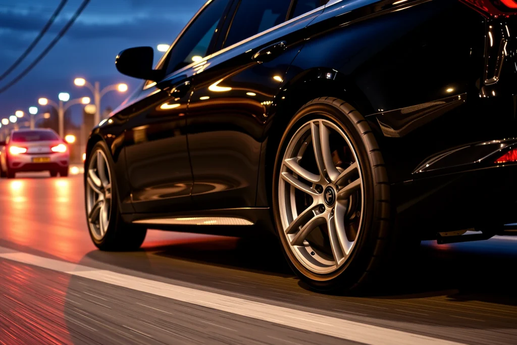 A set of high-performance car wheels with sleek metallic rims and deep tread tires, mounted on a luxury sedan driving smoothly on a wet asphalt road at dusk, reflecting city lights, conveying confidence and control in motion, shallow depth of field, realistic lighting, no text or logos