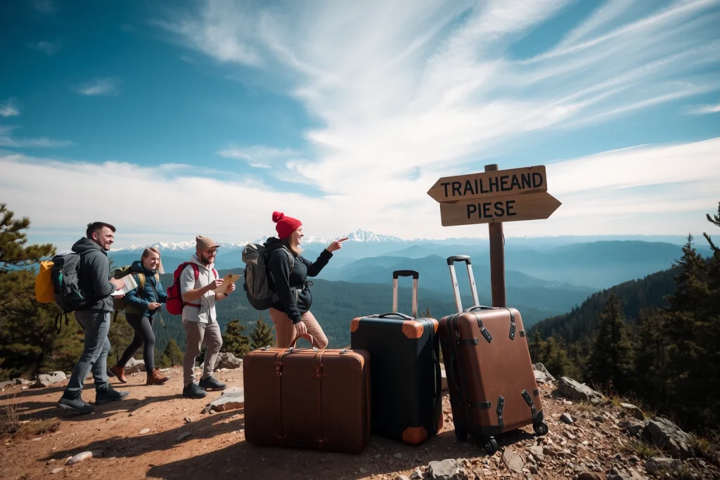 A vibrant scene of diverse travelers on a mountain trail with backpacks, hiking boots, and adventure gear, surrounded by rugged terrain, pine forests, and distant snow-capped peaks under a bright blue sky with soft clouds, one traveler holding a map, another adjusting a compass, a third laughing while pointing at the horizon, a vintage leather suitcase and a modern rolling suitcase placed side by side near a trailhead sign, evoking the spirit of journey and exploration