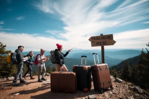 A vibrant scene of diverse travelers on a mountain trail with backpacks, hiking boots, and adventure gear, surrounded by rugged terrain, pine forests, and distant snow-capped peaks under a bright blue sky with soft clouds, one traveler holding a map, another adjusting a compass, a third laughing while pointing at the horizon, a vintage leather suitcase and a modern rolling suitcase placed side by side near a trailhead sign, evoking the spirit of journey and exploration