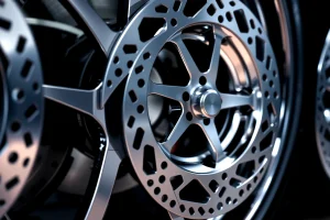 A high-resolution close-up of premium automotive wheel discs with intricate spoke design, polished chrome finish, and subtle reflections on a dark studio background, emphasizing precision engineering and luxury quality