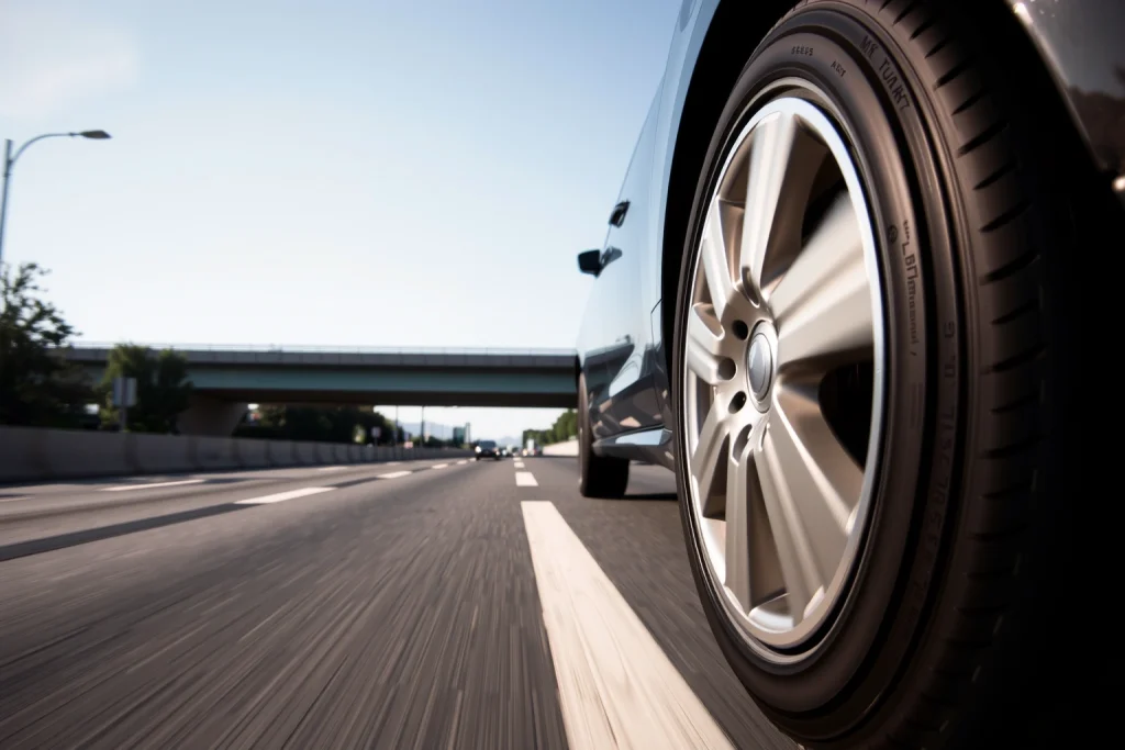 A modern city street with a car driving smoothly, showing close-up of alloy wheels on the vehicle, with a highway in the background under clear daylight, emphasizing wheel design, tire tread, and urban-road transition, realistic lighting, no text or logos