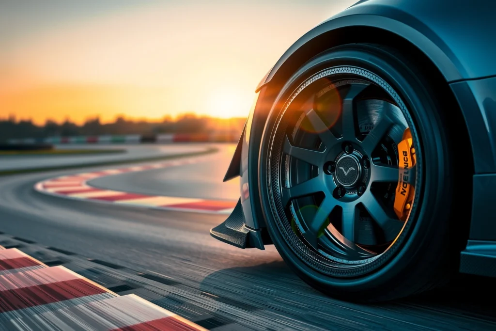 A dynamic composition of high-performance racing wheels with carbon fiber rims, glowing brake calipers, and motion blur suggesting extreme speed, set against a blurred racetrack at sunset with dramatic lighting and lens flare, emphasizing victory and engineering excellence