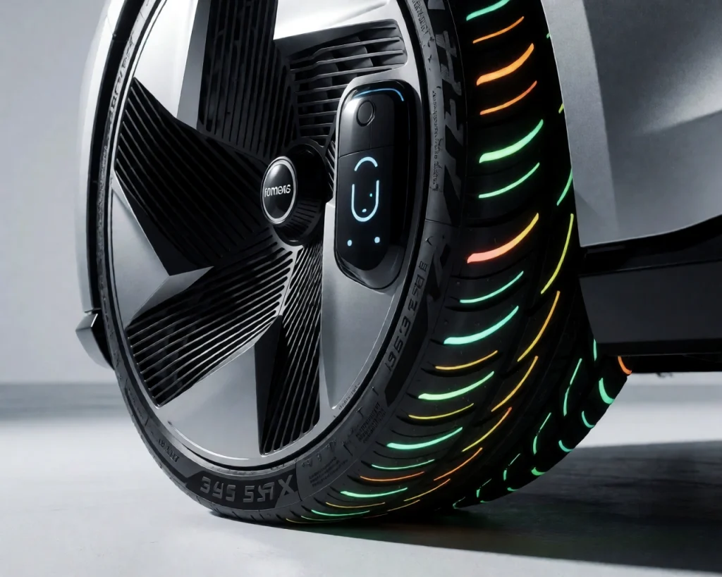A high-quality, photorealistic close-up of futuristic car wheels named 'Koleso-Bestune' with advanced aerodynamic design, glowing energy-efficient tread patterns, and smart sensor integration visible on the rim, set against a clean, minimalist studio background with soft directional lighting highlighting metallic textures and subtle light reflections