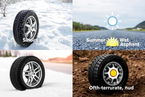 A collage showing four different types of wheels suitable for various weather conditions: a deep-tread winter tire on snow, an all-season tire on wet pavement, a summer performance tire on dry asphalt, and an off-road mud-terrain tire on muddy terrain, each wheel clearly labeled with icons representing snow, rain, sun, and mud respectively, arranged in a clean, informative layout with soft natural lighting