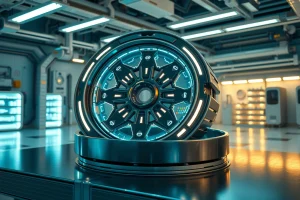 A futuristic wheel with unique design and advanced functionality, featuring intricate geometric patterns, glowing energy lines, and integrated smart sensors, floating slightly above a sleek metallic surface in a high-tech laboratory environment, soft ambient lighting, ultra-detailed, cinematic composition