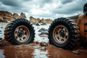 A set of rugged, high-performance wheels designed for extreme conditions, featuring deep-tread tires with aggressive patterns, reinforced steel rims, and visible signs of wear from mud, snow, and rocky terrain. The wheels are mounted on a heavy-duty off-road vehicle partially submerged in a muddy swamp with rocky outcrops and stormy skies in the background. Dust and water spray are kicked up around the tires, emphasizing motion and durability. No text, logos, or digital overlays appear on the im