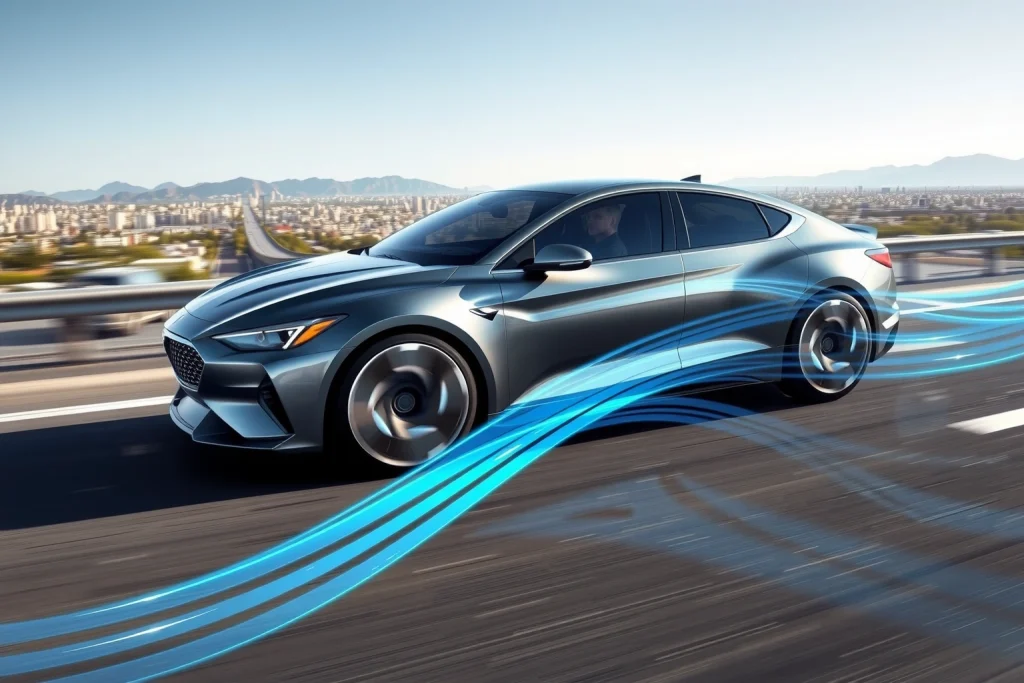 A sleek, modern car with enhanced aerodynamic design, featuring smooth flowing lines, a low front splitter, rear diffuser, and active air vents, driving on a highway at high speed with visible airflow streams visualized as translucent blue and silver wisps around the vehicle, emphasizing reduced drag and improved stability, background shows a blurred urban landscape with distant mountains under a clear sky