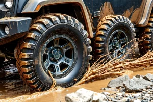 A set of high-performance off-road wheels with aggressive tread patterns, mounted on a rugged SUV driving through muddy terrain with splashing water and rocks, emphasizing enhanced traction and dynamic handling, realistic lighting, detailed metal rims and deep-groove tires