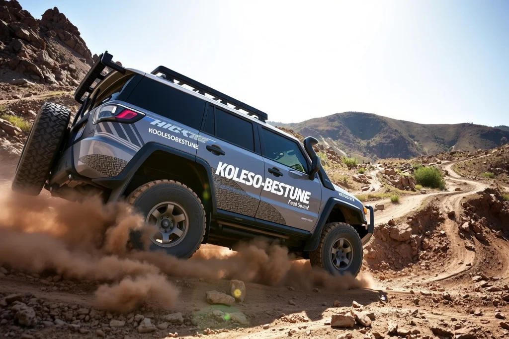 A rugged off-road vehicle with the Koleso-Bestune logo prominently displayed on its side, driving through a challenging terrain of rocky hills and muddy trails under a bright sky, emphasizing high ground clearance and all-terrain capability, with dust kicked up from the wheels and natural landscape in the background