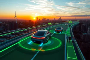 A futuristic cityscape at sunset with sleek autonomous electric vehicles gliding on elevated magnetic roads, surrounded by glowing green energy fields and holographic traffic signs, with people in smart clothing walking alongside, and distant wind turbines and solar arrays on the horizon