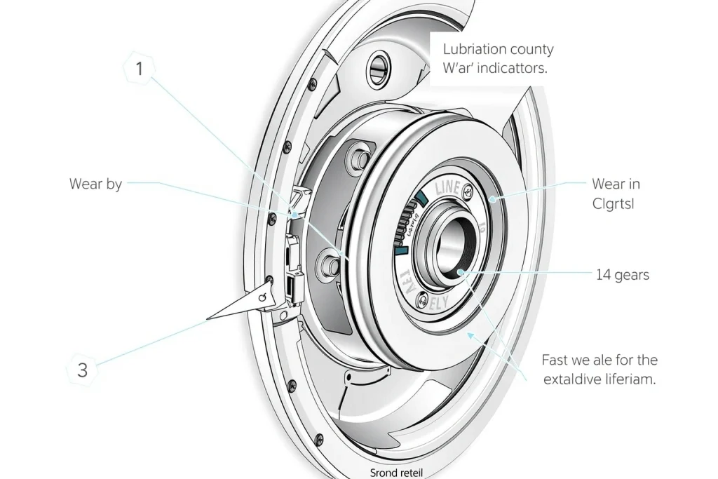 A detailed technical illustration showing a cross-section of a wheel assembly with visible bearings, gears, and lubrication points, highlighting wear indicators and maintenance tips for extending lifespan, rendered in clear, precise line art with annotations