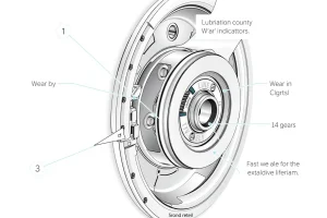 A detailed technical illustration showing a cross-section of a wheel assembly with visible bearings, gears, and lubrication points, highlighting wear indicators and maintenance tips for extending lifespan, rendered in clear, precise line art with annotations