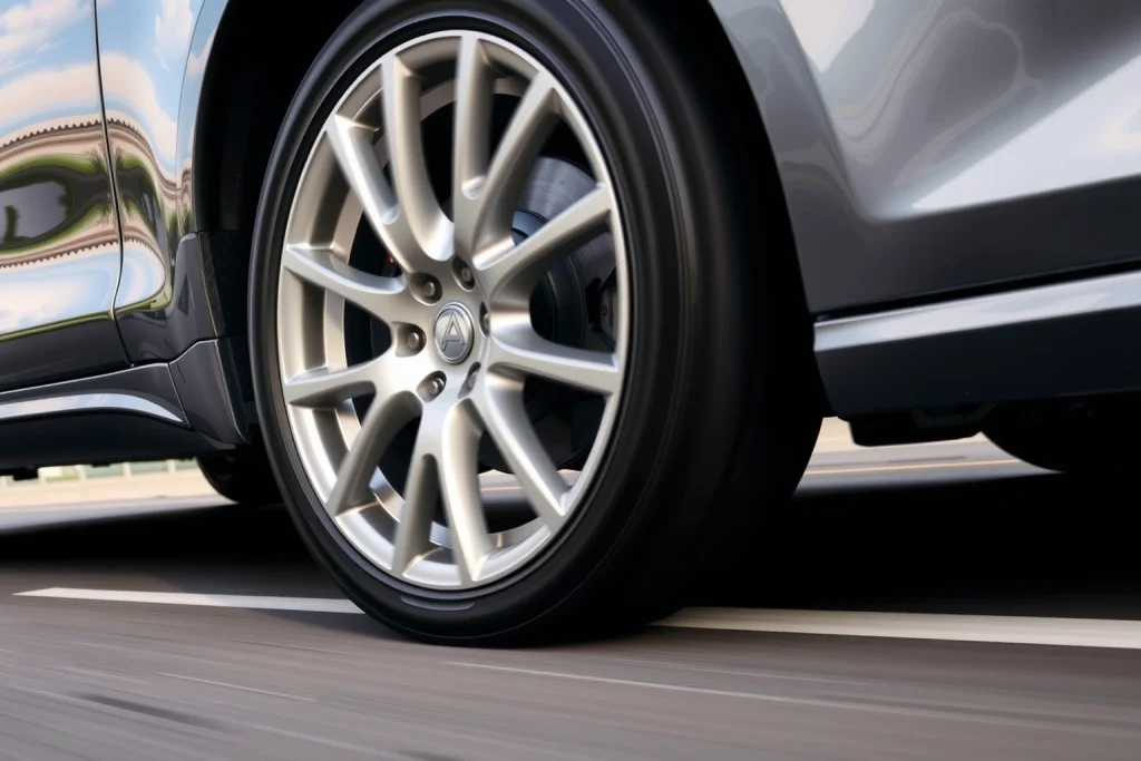 A close-up of lightweight yet durable alloy wheels on a modern car, showing their sleek design, strong spokes, and reflective metallic surface, with a blurred urban highway background suggesting motion and performance
