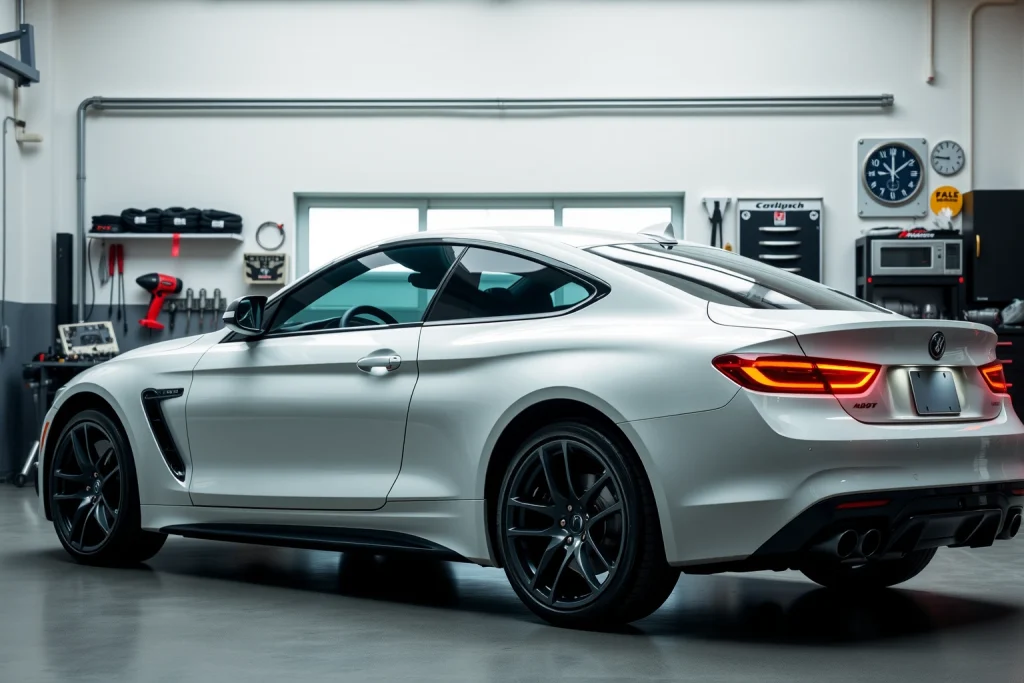 A sleek, modern car parked in a bright, clean garage with soft natural lighting, surrounded by high-quality automotive tools and accessories, emphasizing precision, care, and premium maintenance — no text, logos, or visible brand names