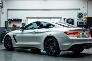 A sleek, modern car parked in a bright, clean garage with soft natural lighting, surrounded by high-quality automotive tools and accessories, emphasizing precision, care, and premium maintenance — no text, logos, or visible brand names